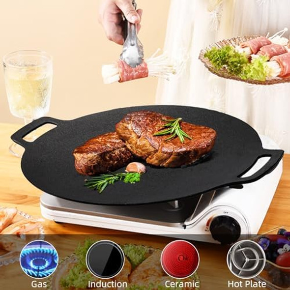 Korean BBQ Grill - Nonstick 12 Inch Round Griddle Pan with Bag 6 Layer Coating Cast Iron for Stove Top Induction Outdoor Camping Tawa Roti Pan