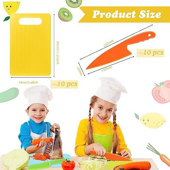 Yinkin 20 Pcs Kids Plastic Knife Set with Cutting Board Toddler Knife Tools Including 10 Child Safe Knife 10 Kids Chopping Board Kids Cooking Utensils for Cooking Club Preschool (Bright Basic)