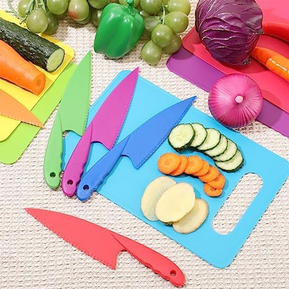 Yinkin 20 Pcs Kids Plastic Knife Set with Cutting Board Toddler Knife Tools Including 10 Child Safe Knife 10 Kids Chopping Board Kids Cooking Utensils for Cooking Club Preschool (Bright Basic)