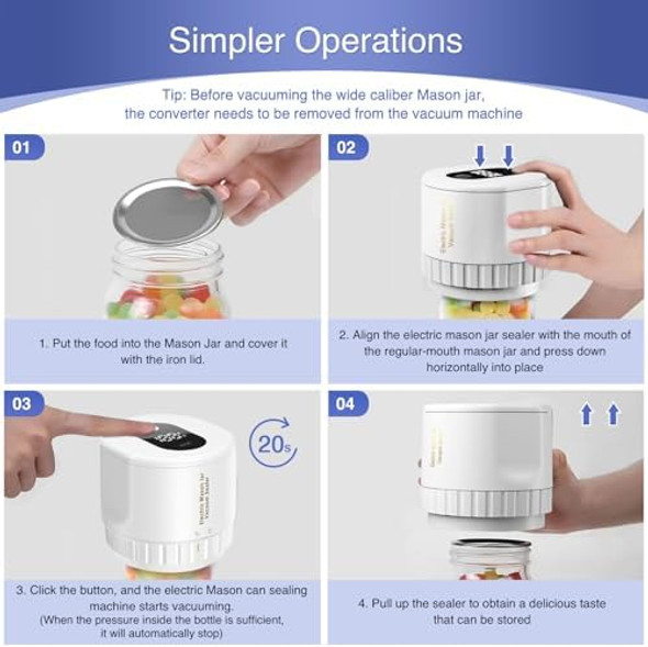 Mason Jar Vacuum Sealer Auto Stop 80kPa Electric Jar Vacuum Sealer Kit for Mason Jars with Wide and Regular Mouth Lids (White) Mason Jar Vacuum Sealer Auto Stop 80kPa Electric Jar Vacuum Sealer Kit for Mason Jars with Wide and Regular Mouth Lids (White)