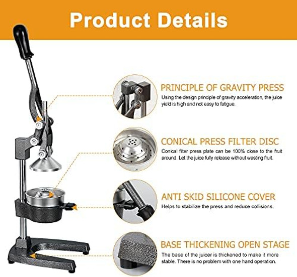ZENY Commercial Grade Hand Press Manual Juicer - Home Restaurant Fruit Juice Squeezer - Citrus Squeezer for Lemons Limes Pomegranate Oranges Grey