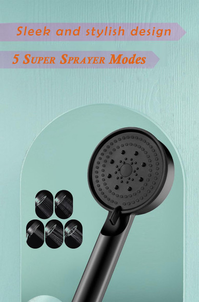 Acetap 5-Mode Round Hand Shower - Black Elegance with ABS Material - Effortless Setup Lightweight Wide Coverage Spray. (Head Only)