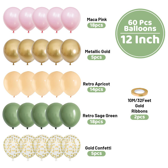 Pink and Green Balloon, 60PCS Sage Green Party Balloon, 12Inch Olive Pastel Pink Balloons Metallic Gold Confetti Balloons for Baby Shower Wedding Jungle Cactus Birthday