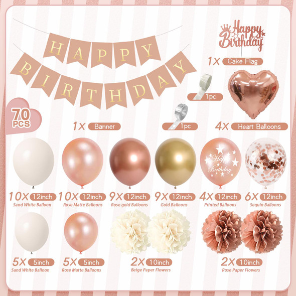 AivaToba Rose Gold Birthday Decorations, Set of 70 Birthday Decorations, Birthday Balloon Set for Party Decoration