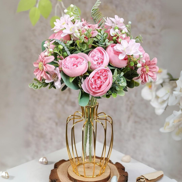 SATYAM KRAFT 1 Pcs Artificial Peony Rose Flower Bouquet Bunch for Home Decor, Office, Bedroom, Balcony, Table Display, Wedding Decoration (Without Vase Pot) (Pink) Fabric