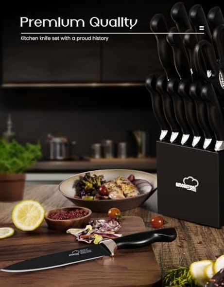 Knife Set Amorston 15 Pieces Knife Sets For Kitchen With Block Dishwasher Safe Kitchen Knife Set With Built In Sharpener Block German Stainless Steel Knife Block Set Black