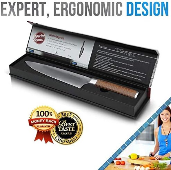 Premium Chef Knife Japanese Style 8 Inch - Multipurpose Balanced Ultra Sharp Professional Carbon Stainless Steel German Blade Ergonomic Wood Handle Wasabi Knife Set + Magnetic Holder By Amosteel Premium Chef Knife Japanese Style 8 Inch - Multipurpose Balanced Ultra Sharp Professional Carbon Stainless Steel German Blade Ergonomic Wood Handle Wasabi Knife Set + Magnetic Holder By Amosteel