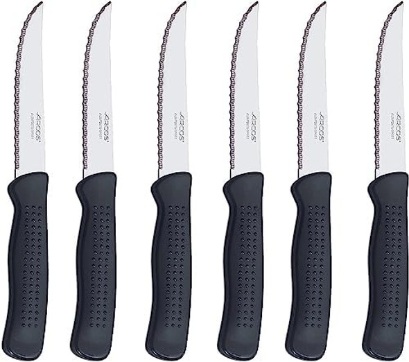 Arcos 4 Inch Steak Knives Set Of 6 Pcs In Nitrum Stainless Steel. Serrated Utility Meat Knife Set. Ergonomic Polypropylene Black Handle. Steak Basics