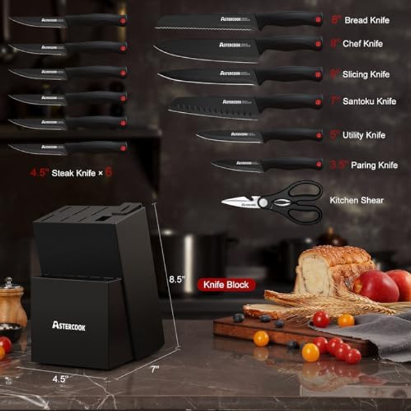 Astercook 15 Piece Knife Set With Sharpener Block - German Stainless Steel Dishwasher Safe Kitchen Knives With Built-In Sharpener Black