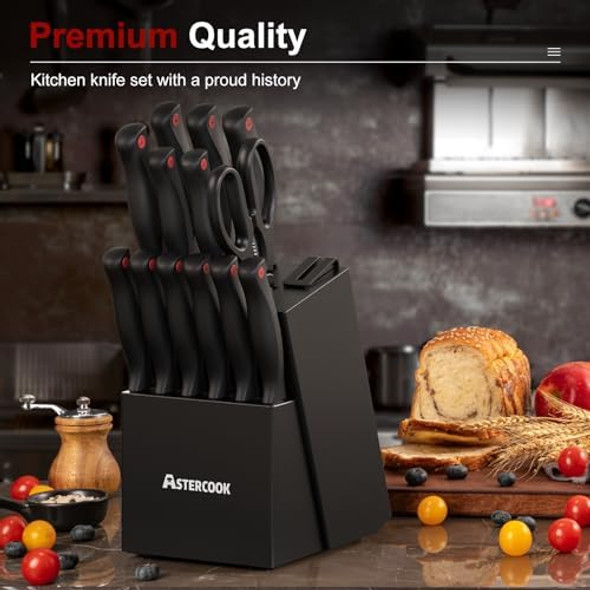Astercook 15 Piece Knife Set With Sharpener Block - German Stainless Steel Dishwasher Safe Kitchen Knives With Built-In Sharpener Black