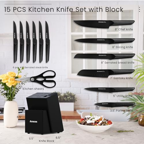 Astercook Knife Set 15 Pieces Kitchen Knife Sets With Block And Built-In Knife Sharpener German Stainless Steel Handle One-Piece Design Knives Block Set Dishwasher Safe Black