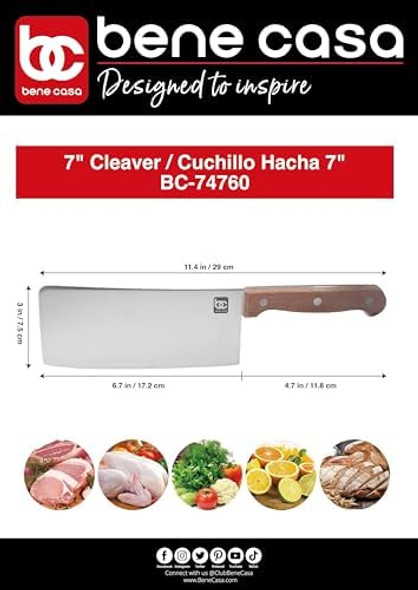 Bene Casa 7-Inch Stainless Steel Cleaver Knife With Rosewood Handle – Heavy-Duty Full Tang Meat And Bone Chopper Triple Riveted For Kitchen Durability And Control Bene Casa 7-Inch Stainless Steel Cleaver Knife With Rosewood Handle – Heavy-Duty Full Tang Meat And Bone Chopper Triple Riveted For Kitchen Durability And Control