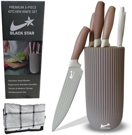 Black Star Stainless Steel Knife Set - 4-Piece Kitchen Knife Block Set With Scissors 2 Towels And Brown Abs Block - Professional Kitchen Knives For Cooking And Food Preparation