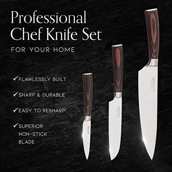 3-Piece Knives Set For Kitchen Stainless Laser-Etched Damascus Knife Set With Professional Chef Knife Santoku Knife & Paring Knife Kitchen Knifes In Luxury Wooden Box s For Chefs - Breliser 3-Piece Knives Set For Kitchen Stainless Laser-Etched Damascus Knife Set With Professional Chef Knife Santoku Knife & Paring Knife Kitchen Knifes In Luxury Wooden Box s For Chefs - Breliser