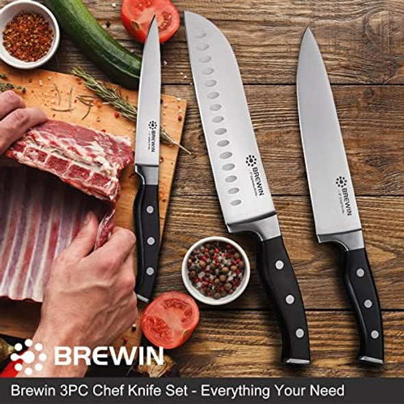 Brewin Professional Kitchen Knives 3Pc Chef Knife Set Sharp Knives For Kitchen High Carbon Stainless Steel Japanese Cooking Knife With Box