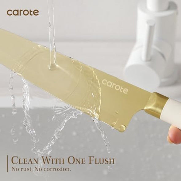 Carote 12Pcs Kitchen Knife Set Healthy Gold Titanium Coating Knife Set Dishwasher Safe With 6 Blade Guards Rustproof Stainless Steel Cutlery Set White And Gold