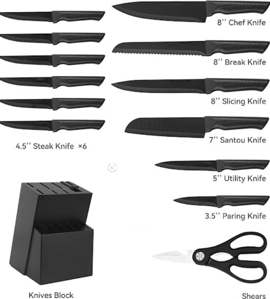 15-Piece Kitchen Knife Set With Block & Built-In Sharpener – Stainless Steel Knife Set Professional Chef & Steak Knives Sharp Kitchen Knife Sets With Block For Home Cooking