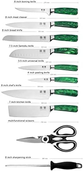 Knife Set - 11 Piece Professional Kitchen Knife Set German High Carbon Steel Chef Knife Set Green Resin Handle Knife Set With Solid Wood Stand Kitchen Knife Set