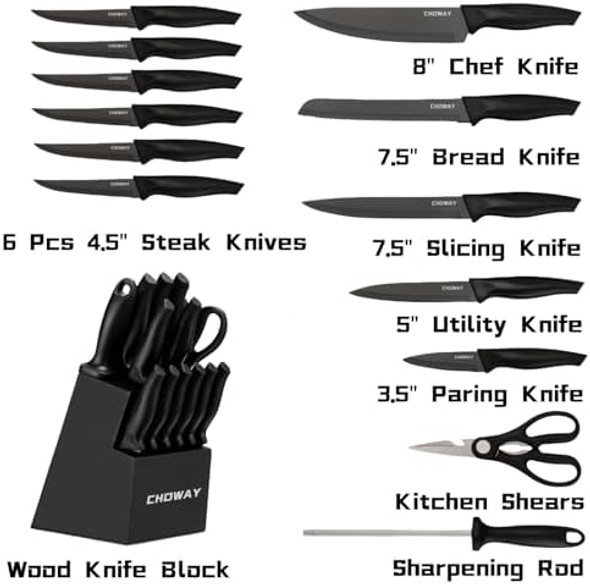 Knife Set 14 Pieces Kitchen Knife Set With Block High Carbon Stainless Steel Knife Block Set Dishwasher Safe Cutlery Black