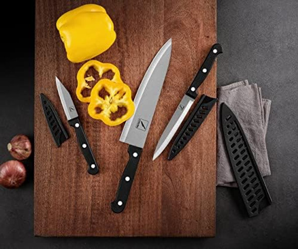 Kitchen Knife 3-Pcs Knife Set With Sheath 8 Inch Chef Knife 4.5 Inch Utility Knife 4 Inch Paring Chef Knife Stainless Steel Black