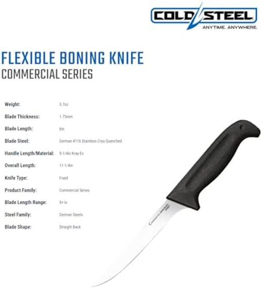 Cold Steel Commercial Series 6" Flexible German 4116 Stainless Steel Fixed Blade Narrow Straight Back Game & Fish Processing Cutting Boning Knife With Ergonomic Kray-Ex Handle