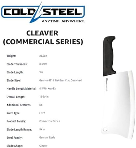 Cold Steel Cleaver 9" Durable Cryo-Quenched German 4116 Stainless Steel Fixed Blade Knife With Kray-Ex Handle Heavy Duty Commercial Grade For Butchery Kitchen Hunting & Field Use