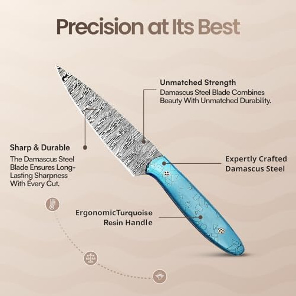 Coldland 6 Inch Damascus Chef Knife Hand-Forged Premium Kitchen Knife Non-Slip Resin Handle Full Tang Blade For Professional & Home Cooking Exceptional Sharpness & Durability
