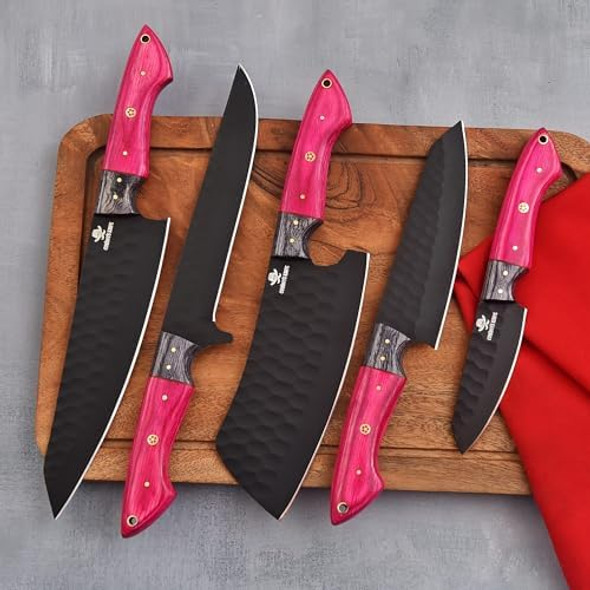 Professional Chef Knife Set 5-Piece Black Coated Blades Pink Wood Handles