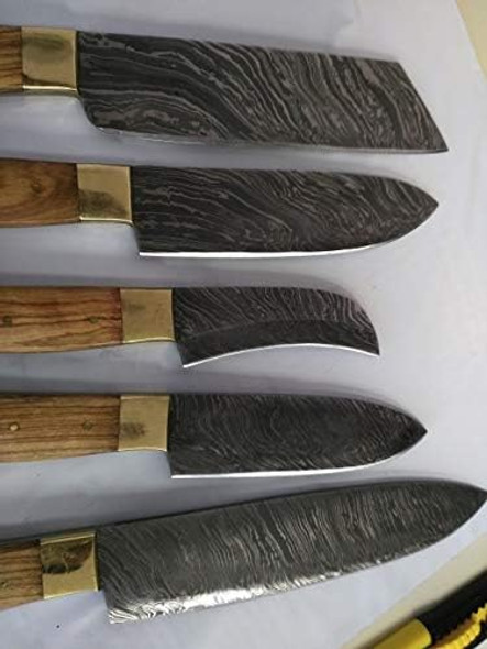 5 Pieces Chef Knives Set Chef Knife Santoku Knife Peel Knife Vegetable Knife Overall 54 Inches Full Tang Hand Forged Damascus Steel Blade Custom Made Leather Sheath