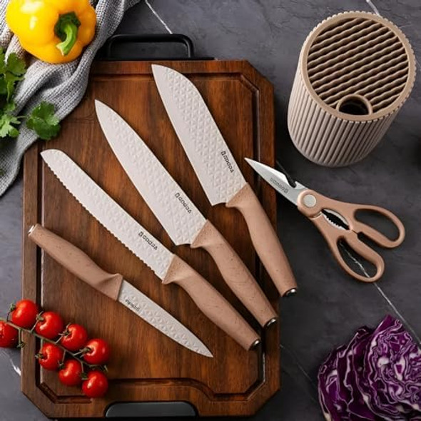 Kitchen Knife Set With Block 6 Piece Non-Stick Stainless Steel Knife Block Set Ergonomic Pp & Wood Grain Handles Universal Knife Block - Chef Cooking Knives Set For Kitchen (Khaki)