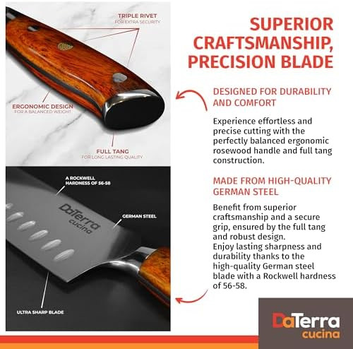 Daterra Cucina - 8 Inch Chef Knife – German Steel Professional Kitchen Knife With Ergonomic Rosewood Handle Sharp Durable Easy To Clean Ideal For Chopping Slicing & Dicing