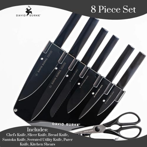 David Burke 7-Piece Black Knife Set With Acrylic Block - Sleek & Stylish Commercial Grade Coated Carbon Steel Cutlery