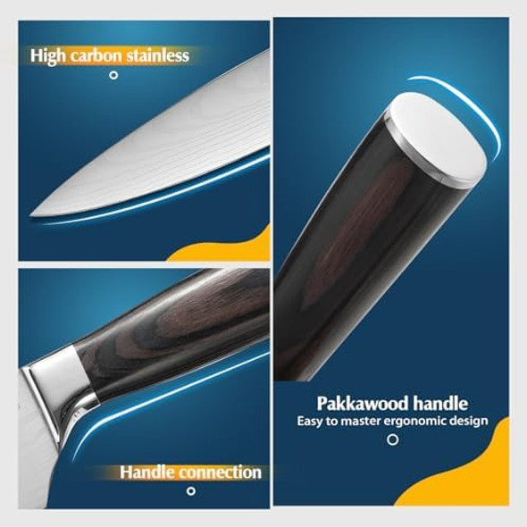 Chef Knife Chefs Knife For Meat Cleaver Carving Chopping Cutting Made Of Damascus Pattern High Carbon Stainless Steel With Pakkawood Handle Professional 8 Inch Kitchen Knives.