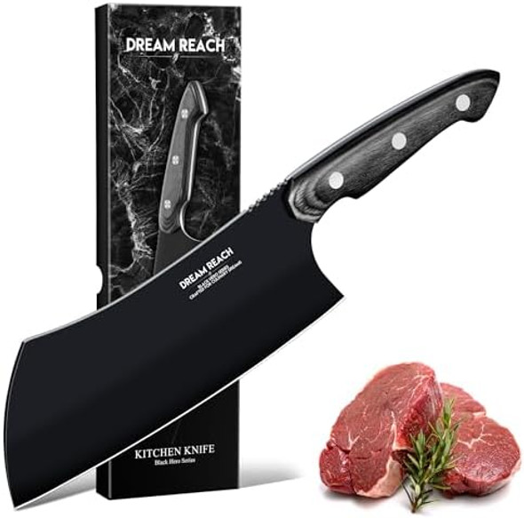 Dream Reach Meat Cleaver Knife- Full Tang Hand Forged Black Butcher Knife For Kitchen Bbq Birthday Mother Father Dream Reach Meat Cleaver Knife- Full Tang Hand Forged Black Butcher Knife For Kitchen Bbq Birthday Mother Father