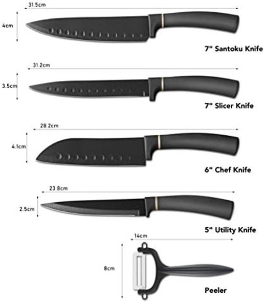 Elabo 5 Pieces Black Kitchen Knife Set - Stainless Steel Non Stick Coating Knives Includes 6'' Chef Knife 7'' Santoku Knife 7" Slicer Knife 5''Utility Knife And Ceramics Peeler Rose Gold