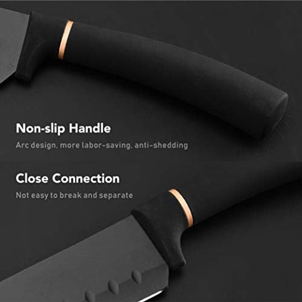 Elabo 5 Pieces Black Kitchen Knife Set - Stainless Steel Non Stick Coating Knives Includes 6'' Chef Knife 7'' Santoku Knife 7" Slicer Knife 5''Utility Knife And Ceramics Peeler Rose Gold
