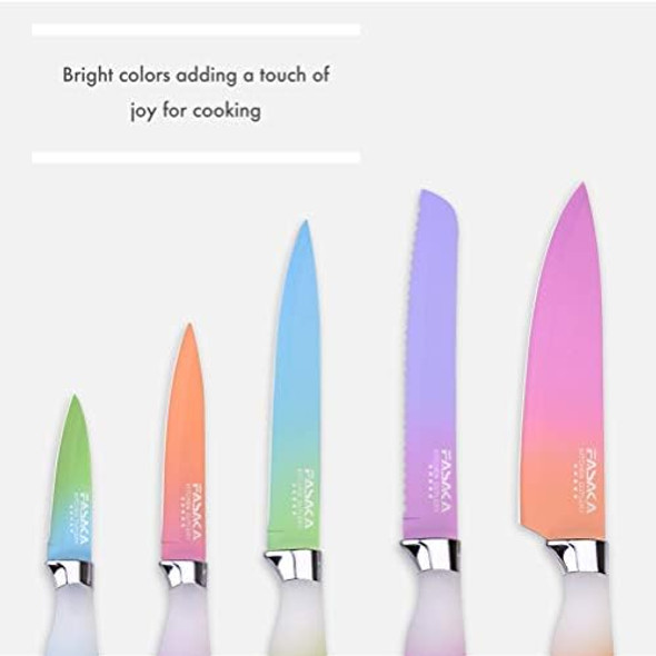 Colorful Kitchen Knife Set 5 Kitchen Knives With Peeler - Non-Stick Stainless Steel Chef Knife Set - Gradient Rainbow Knives With Pp Handle