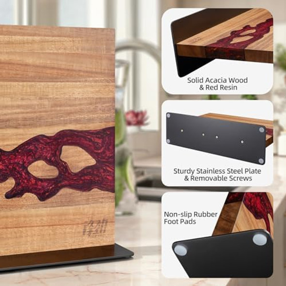 Findking Magnetic Knife Block Double Sided Holder Powerful Magnet Kitchen Storage Acacia Wood And Red Resin (12 X 10 Inches Without Knives)