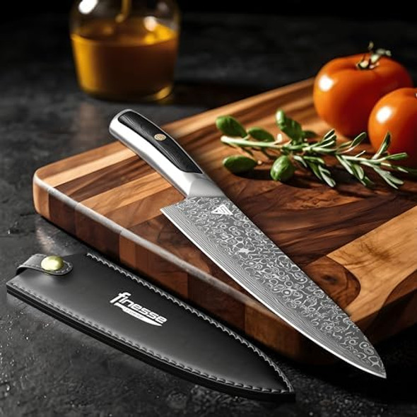 8" Professional Chef Knife - 67-Layer Vg10 Damascus Steel With G10 Handle - Premium Kitchen Knife For Home & Professional Cooking With Leather Sheath & Box