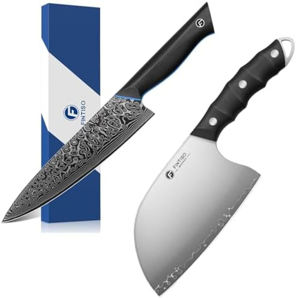 8 Inch 67-Layer Damascus Steel Chef Knife And 6.5 Inch 5-Layer High Carbon Stainless Steel Meat Cleaver Serbian Chef Knife 8 Inch 67-Layer Damascus Steel Chef Knife And 6.5 Inch 5-Layer High Carbon Stainless Steel Meat Cleaver Serbian Chef Knife