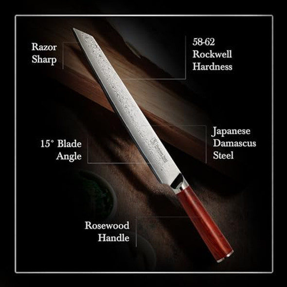 Hammer Stahl 10 Inch Damascus Slicer Meat Cutting & Bbq Knife With Rosewood Handle Carving Japanese Forged 67-Layer Aus10 Steel Full-Tang Japanese Style Slicing With Box