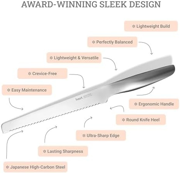 Hast 8 Inch Design Serrated Bread Knife Ultra-Sharp Professional Japanese Carbon Steel Lightweight Ergonomic & Award-Winning Design Handle Sleek Stainless Steel Bread Knife Modern Kitchen Décor