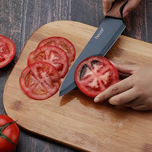 Hecef Vintage Kitchen Knife Set Stainless Steel Non-Stick Black Coated Knives With Extra Sheaths Includes Chef Bread Santoku Utility And Paring Knife