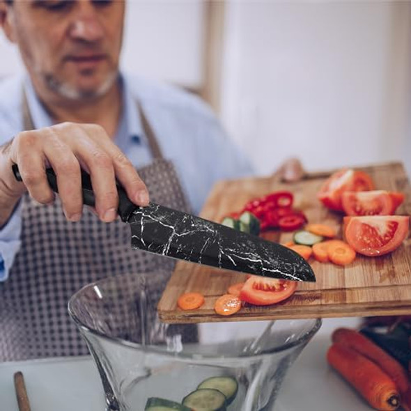 Hecef Kitchen Knife Set Of 5 Sharp Stainless Steel Wtih Black Marble Pattern Professional Cooking Set Including Paring Utility Bread Carving Santoku & Chef Knives