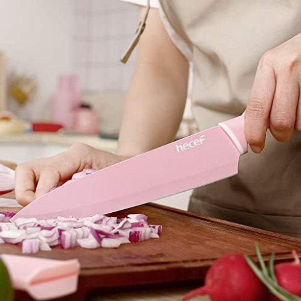 Hecef Colorful Knife Set With Covers Dishwasher Safe 6 Pieces Colour Coded Non-Stick Stainless Steel Cooking Knives Including Paring Utility Bread Carving Santoku Chef Knife