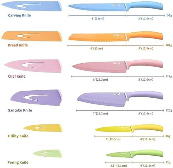 Hecef Colorful Knife Set With Covers Dishwasher Safe 6 Pieces Colour Coded Non-Stick Stainless Steel Cooking Knives Including Paring Utility Bread Carving Santoku Chef Knife Hecef Colorful Knife Set With Covers Dishwasher Safe 6 Pieces Colour Coded Non-Stick Stainless Steel Cooking Knives Including Paring Utility Bread Carving Santoku Chef Knife