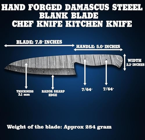 Custom Hand Forged Damascus Steel Blank Blade Chef Knife - Kitchen Knife Billet Bar Handmade Knife Making Supply Knife Kit Chef Blade