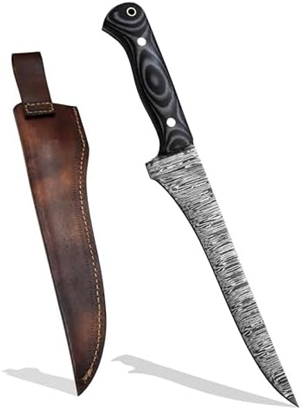 Custom Hand Forged Damascus Steel Fillet Knife Fisherman'S Filet G-10 Micarta Handlle Leather Sheath Fixed Blade Handmade Knife Ultra Sharp Edge(Damascus Steel)