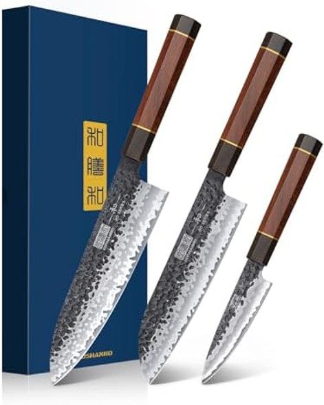 3 Pieces Knife Set Professional Vg-10 Super Steel Kitchen Knives Set & 9 Inch Kiritsuke Chef Knife Japanese Hand Forged 7 Layers Vg-10 Steel Kitchen Knife