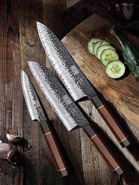 3 Pieces Knife Set Professional Vg-10 Super Steel Kitchen Knives Set & 9 Inch Kiritsuke Chef Knife Japanese Hand Forged 7 Layers Vg-10 Steel Kitchen Knife